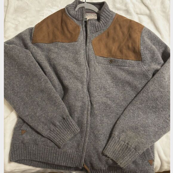 Duluth100% Shetland Wool Jacket MenXL Gray Full Zip Sweater Jacket Suede Patches - Picture 1 of 6